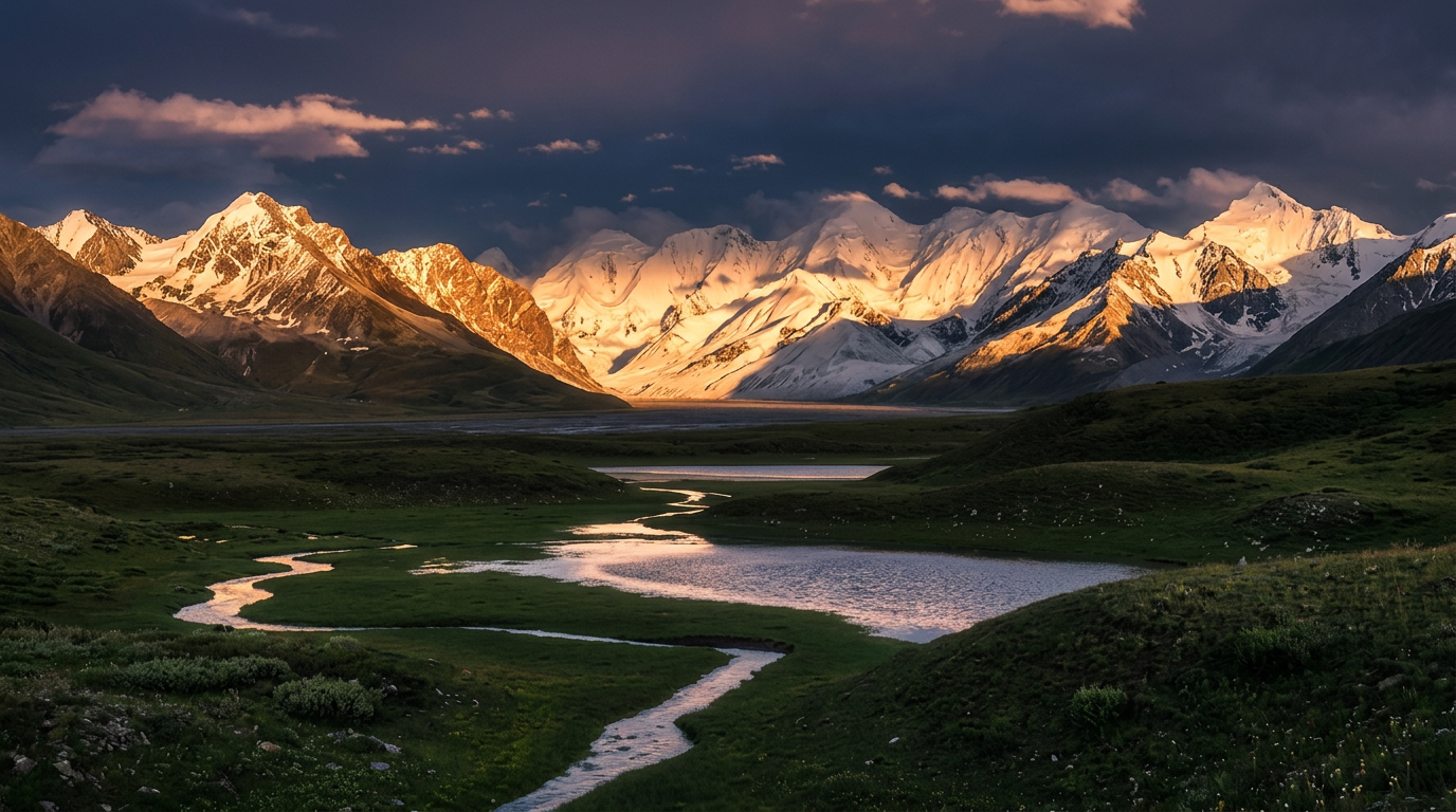 Sunlit Tian Shan valley at dusk